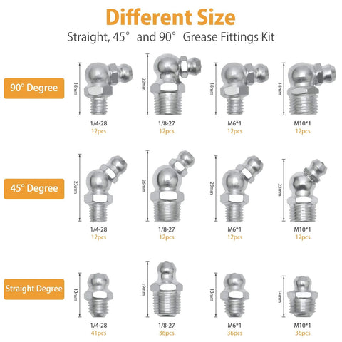 VIGRUE grease fittings kit with caps, 490 pcs; SAE & metric zerks in straight, 45° and 90° variants for grease guns