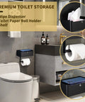 Matte Black Toilet Paper Holder With Shelf And Wipe Dispenser, Wall Mounted Stainless Steel Bathroom Organizer in modern bathroom
