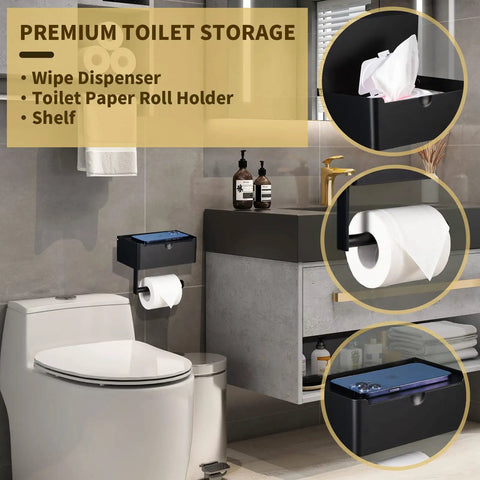 Matte Black Toilet Paper Holder With Shelf And Wipe Dispenser, Wall Mounted Stainless Steel Bathroom Organizer in modern bathroom