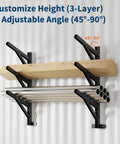 Heavy Duty Container Hanging Shelves 2 Pack No Drill Vertical Storage Racks For Building Materials And Workshop Tools displaying adjustable height and angle features.