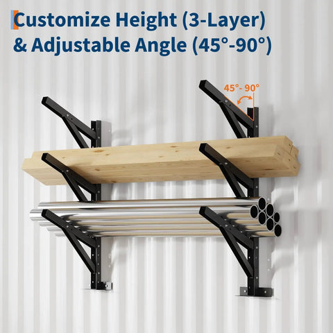 Heavy Duty Container Hanging Shelves 2 Pack No Drill Vertical Storage Racks For Building Materials And Workshop Tools displaying adjustable height and angle features.