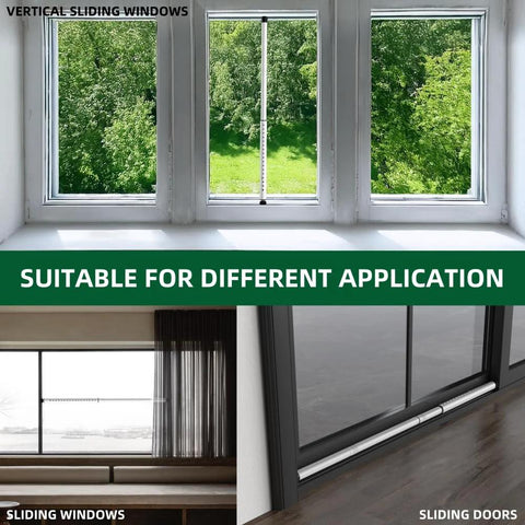 Adjustable Inside Mount Sliding Door Security Bar Fits 17.7 To 50.5 Inches shown on windows and sliding door applications.