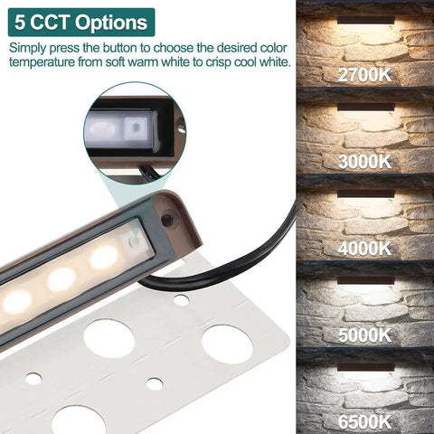 7 Inch LED Retaining Wall Light 4 Pack Linkable with 5 CCT options showing color temperatures from 2700K to 6500K.