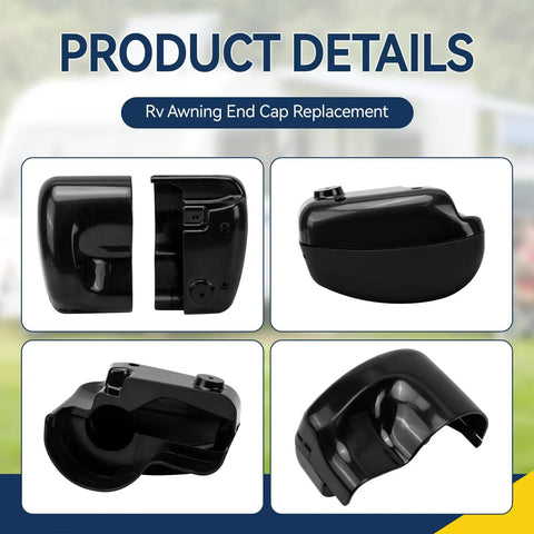 Essential RV Awning Motor Cover Kit Replacing Carefree R001785006 For Latitude Arm Hardware Parts Protection Ends Caps Front And Back Sealed Heavy Duty Fitment Durable Shielding Gear black ABS cover shown front and side views