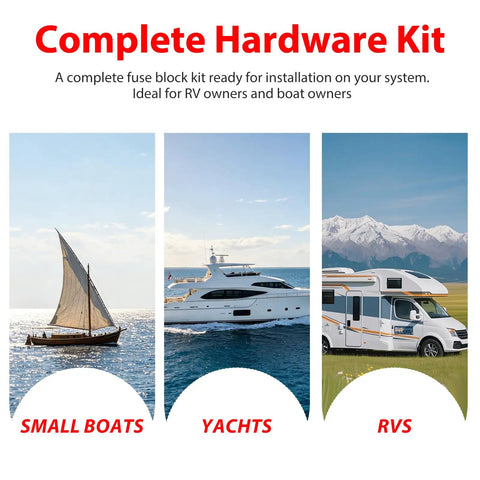 Complete Hardware Kit for Heavy Duty 125A MRBF Terminal Fuse Block For 58V DC Systems Featuring Single M8 Stud for RVs and boats.