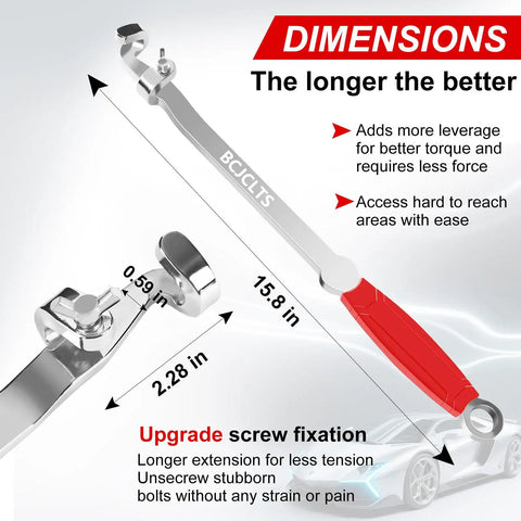 Extra Long Wrench Extension Bar for Maximum Leverage 16 Inch Universal Torque Adaptor Wrench with red handle shown in length detail