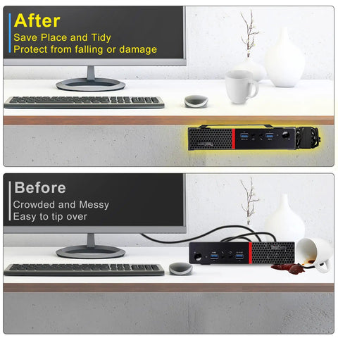 Before and after image of Built Tough Vesa Wall And Under Desk Mount For Lenovo Thinkcentre Tiny Desktops installation.