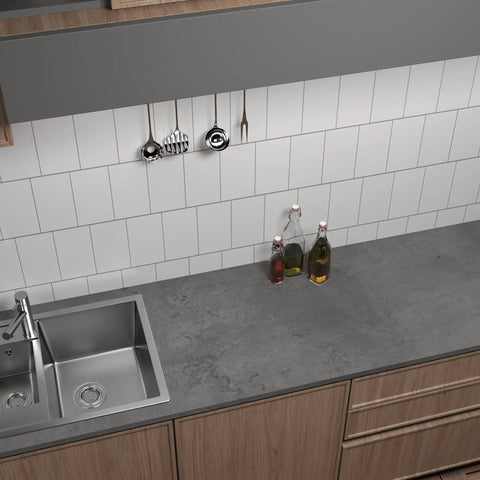Kitchen countertop with 16x118 Inch Dark Grey Concrete Wallpaper Peel And Stick 3D Matte Textured Thick Cement Vinyl Wrap.