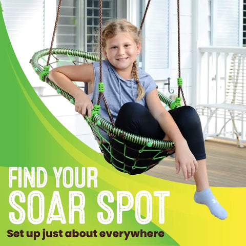 Girl smiling sitting on Outdoor Tree Swing Chair For Kids And Adults With Multi Position Comfort Weather Resistant Heavy Duty Metal Frame