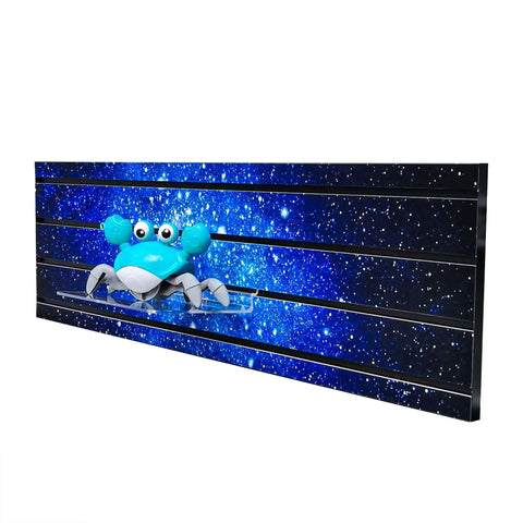 Horizontal Slatwall Panel With Laminated Star Universe Galaxy Art 40 Inch Wide 12 Inch Tall Pre Laminated MDF Display with mounted toy crab