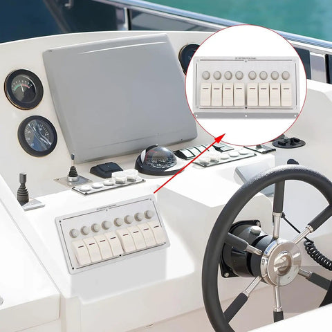 Boat dashboard with installed 8 Gang Marine Rocker Switch Panel With Overload Protector For Boat Car RV UTV, IP65 aluminum.