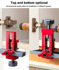 Go-To 2-In-1 Cabinet Door Installation Jig With Adjustable Positioner, Aluminum Alloy Tool with Red Finish in use on cabinet
