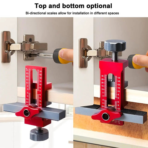 Go-To 2-In-1 Cabinet Door Installation Jig With Adjustable Positioner, Aluminum Alloy Tool with Red Finish in use on cabinet