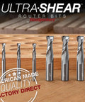 Top Shelf 1/2 Inch Shank Solid Carbide Spiral Cove Nose Router Bit Set Featuring 1/16 3/32 And 1/8 Corner Radius Bits For Smooth Flawless Woodworking Cuts Made In Usa displayed on wooden background.
