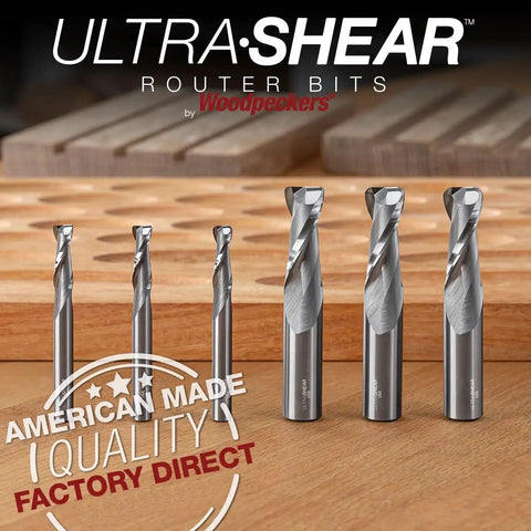 Top Shelf 1/2 Inch Shank Solid Carbide Spiral Cove Nose Router Bit Set Featuring 1/16 3/32 And 1/8 Corner Radius Bits For Smooth Flawless Woodworking Cuts Made In Usa displayed on wooden background.