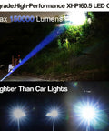 Ultra Bright 150000 Lumens Rechargeable LED Flashlight With Zoomable Beam illuminating a night scene brighter than car lights.