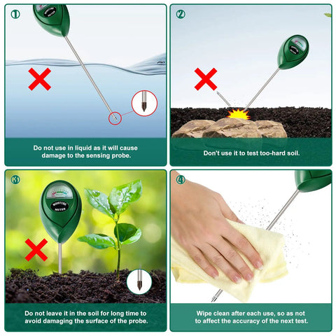 Instructions for using Soil Moisture Meter For Lawn And Garden Care, Accurate Hygrometer Sensor For Indoor And Outdoor Use, No Guesswork With Easy To Read Watering Gauge, Durable 10.23 Inch Probe, Green.