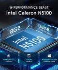 Intel N5100 processor chip with 8GB RAM, 128GB storage, Windows 11 Pro, emphasizing performance and technology features.