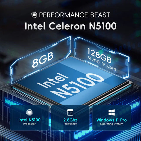 Intel Celeron N5100 chipset with 8GB RAM and 128GB storage for Heavy Duty 10.1 Inch Windows 11 Pro Rugged Tablet.