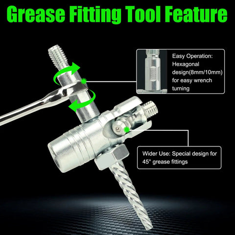 Heavy Duty Grease Zerk Cleaner Tool Set showing hexagonal design for easy wrench turning in auto shop and DIY projects.