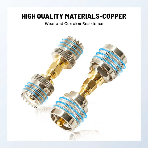 Four Piece SMA To PL259 SO239 Coax Connector Kit Crimp Adapters UHF FR Brass Gold Plated 50 Ohm Coax Connectors Straight Style For CB Radio Handheld Ham Radio VHF Antenna Walkie Talkie Amateur Radio showing high-quality copper construction with corrosion resistance.