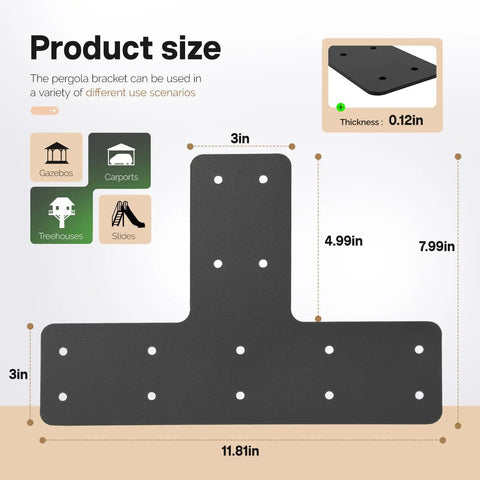T Post Timber Pergola Bracket Set For 4x4 And 6x6 Lumber Heavy Duty Steel Powder Coated Black Four Pack dimensions diagram