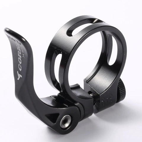 31.8mm Quick Release Bicycle Seatpost Clamp in sandblasted anodized aluminum with hollow design and ergonomic lever, black KC89