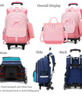 Girls Rolling Backpack Set Three Piece With Bowknot Design Wheels And Lunch Tote Handbag Trolley Bag For Elementary School Use
