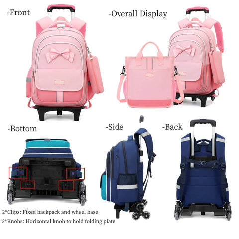 Girls Rolling Backpack Set Three Piece With Bowknot Design Wheels And Lunch Tote Handbag Trolley Bag For Elementary School Use