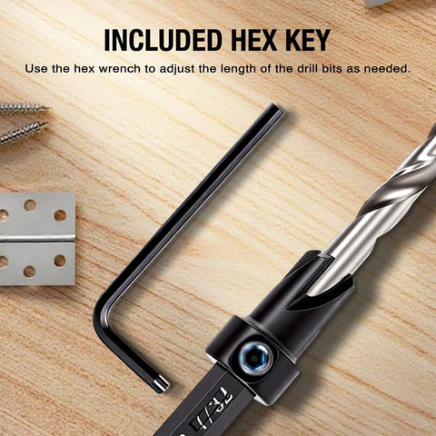 Five Piece Tapered Countersink Drill Bit Set For Wood With HSS And Quick Change Hex Shank Includes Pilot Hole And Countersink In One Step Adjustable Depth Stop Sizes Four Six Eight Ten Twelve with hex key