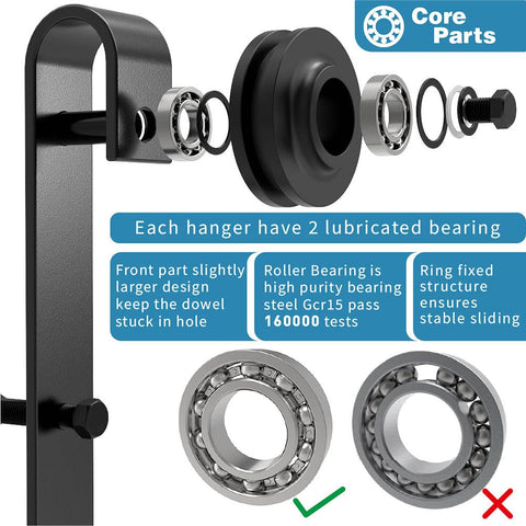 Close-up of 9 Foot Double Track Bypass Sliding Barn Door Hardware Kit showing bearings and J shape hanger components.