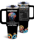 Insulated Tumbler 40 Oz For Engineers, Dope Engineer Gift For Men And Women, Double Sided Design Coffee Cup, Perfect Christmas Graduation Retirement Birthday Gift For Engineering Students And Coworkers, 1 Count with brain-gears graphic and nutritional facts design.