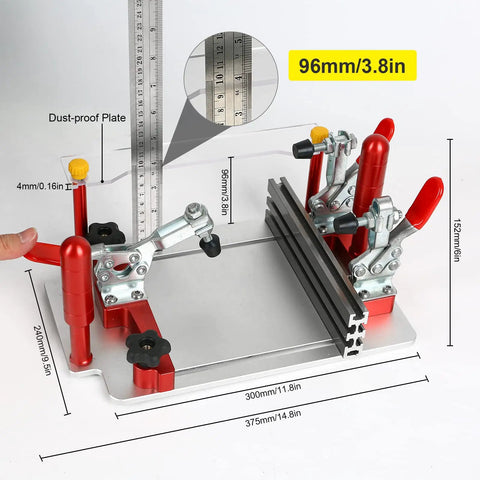 Pro Grade Coping Sled For Router Table Aluminum Rail Guide showing dimensions and dust-proof plate for precise woodwork.