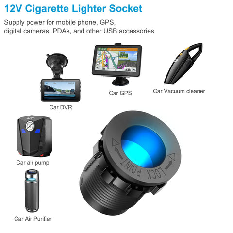 Image of a 12V cigarette lighter socket for Tent Style Power Panel With 12V USB Outlet And Lighted Cigarette Lighter Socket PD3.0 And QC3.0 Car USB Port Aluminum Charger LED Voltmeter And Switch Waterproof DIY Kit For Car Boat Marine And RV Road Ready, shown with car accessories.