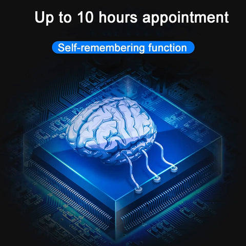 Digital brain concept with self-remembering function on a computer chip background, text reads 'Up to 10 hours appointment'