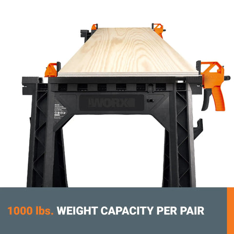 Clamping Sawhorses With Bar Clamps And A 7 Inch Metal Triangle Ruler For Precise DIY Woodworking supporting a wood board