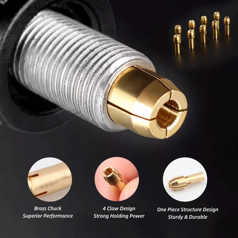 Close-up of 15 Piece Drill Chuck Collet Set For Rotary Tools With No Fuss Quick Change Brass Nut and design highlights