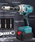 Sumumtor 21V Cordless Electric Rivet Gun with LED light, rivet head, and tools for heavy-duty metal working projects.