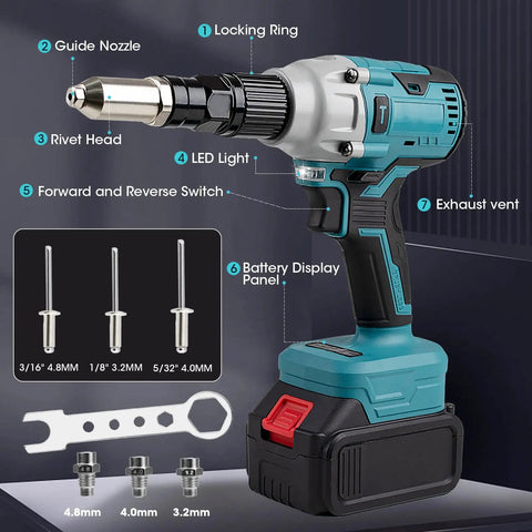 Sumumtor 21V Cordless Electric Rivet Gun with LED light, rivet head, and tools for heavy-duty metal working projects.