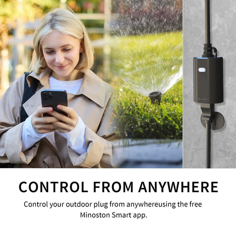 Woman using phone to control Outdoor Matter Smart Plug 2 Pack IP65 Waterproof, sprinkler operating in the background.