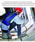 Worker using Heavy Duty Air Powered Cooling Vest Keeps You Chill In Scorching Heat Industrial Safety Gear For Welding And Forge Utilizes Vortex Tech.