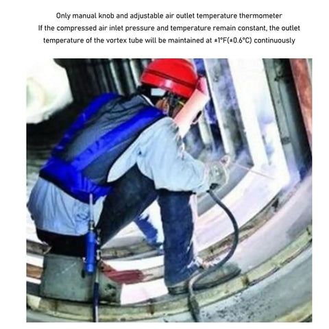 Worker using Heavy Duty Air Powered Cooling Vest Keeps You Chill In Scorching Heat Industrial Safety Gear For Welding And Forge Utilizes Vortex Tech.