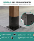 Close-up of 4 Pack Pergola Brackets And Post Bases For 4x4 Beams 3 Way Right Angle Corner Brackets With Sunshade Holes installed.