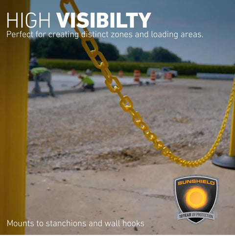 Close-up of yellow heavy duty plastic chain links with SunShield UV resistant technology used as safety barriers in work zone