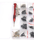 260 Piece RC Car Repair Kit With M2 And M2.5 Fasteners Bolts Hex Wrenches in transparent storage box, top view