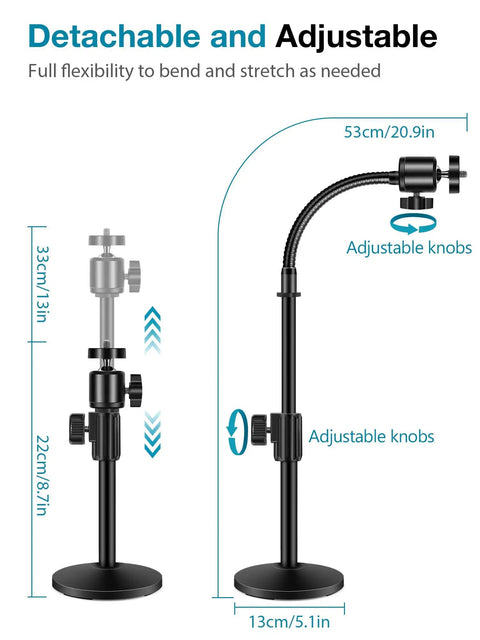 Heavy Duty Flexible Webcam Stand Arm With Smooth Tilting Desk Camera Mount Holder For Universal Quarter Inch Threads shown at various adjustable heights.