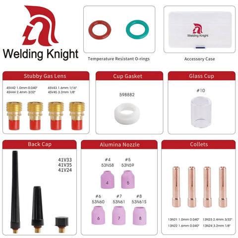 43 Piece TIG Welding Torch Accessories Kit With Stubby Gas Lens And Size 10 Glass Cups For WP 9, WP 20, And WP 25 Welders