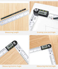 Heavy Duty Stainless Steel Digital Angle Finder And Precision Protractor Ruler measuring lengths and angles on wood surface.