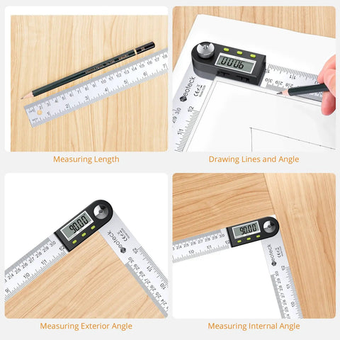 Heavy Duty Stainless Steel Digital Angle Finder And Precision Protractor Ruler measuring lengths and angles on wood surface.