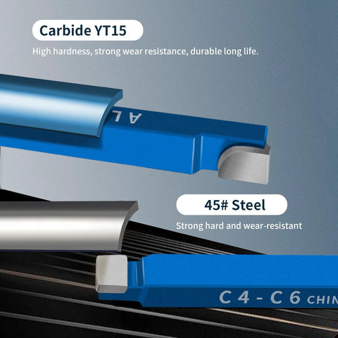 10-piece 1/4-inch metal lathe cutting tool set with C-6 carbide-tipped bits; blue tool holders